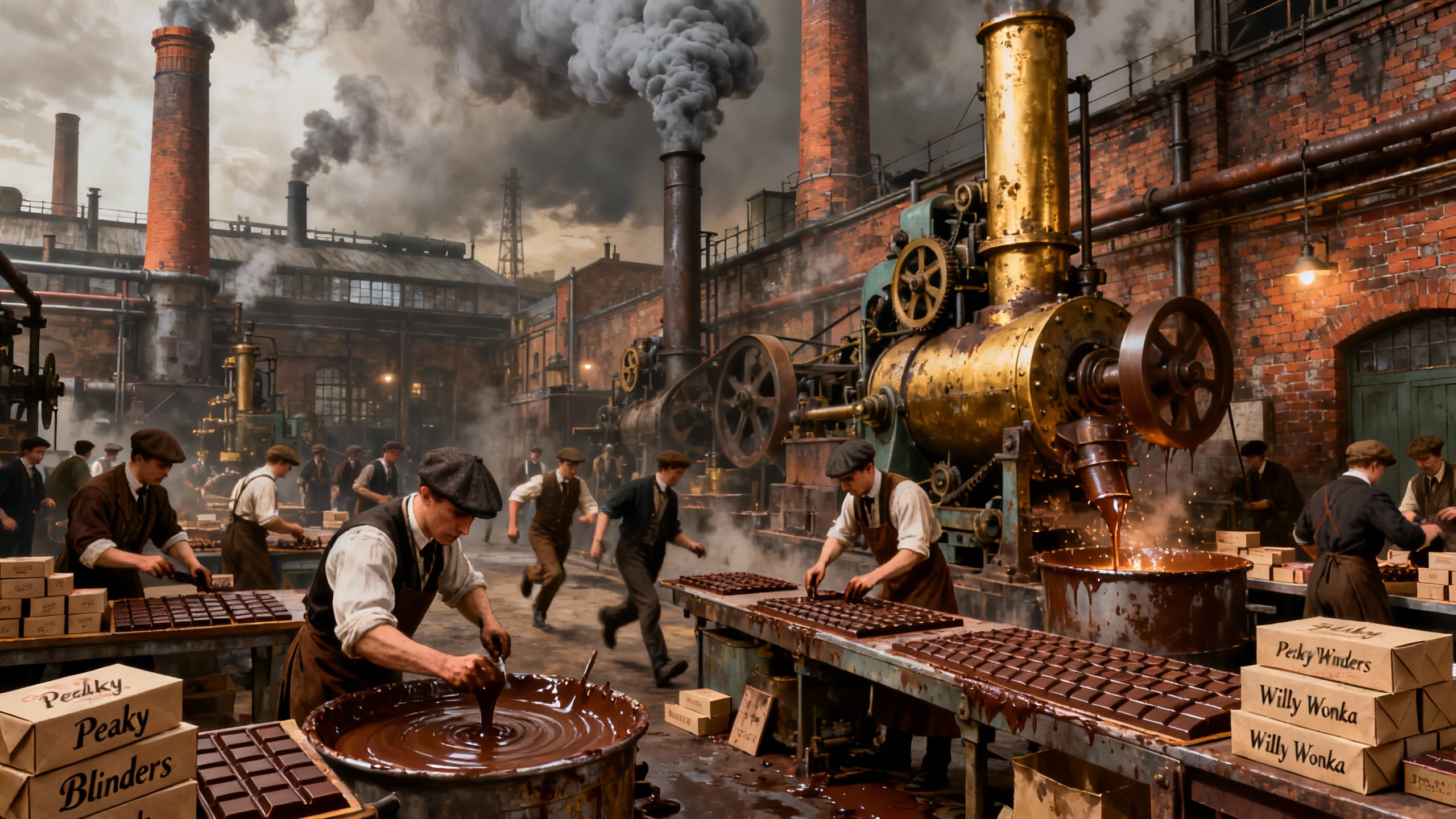 Usine de chocolat en activité, ouvriers travaillant dur.