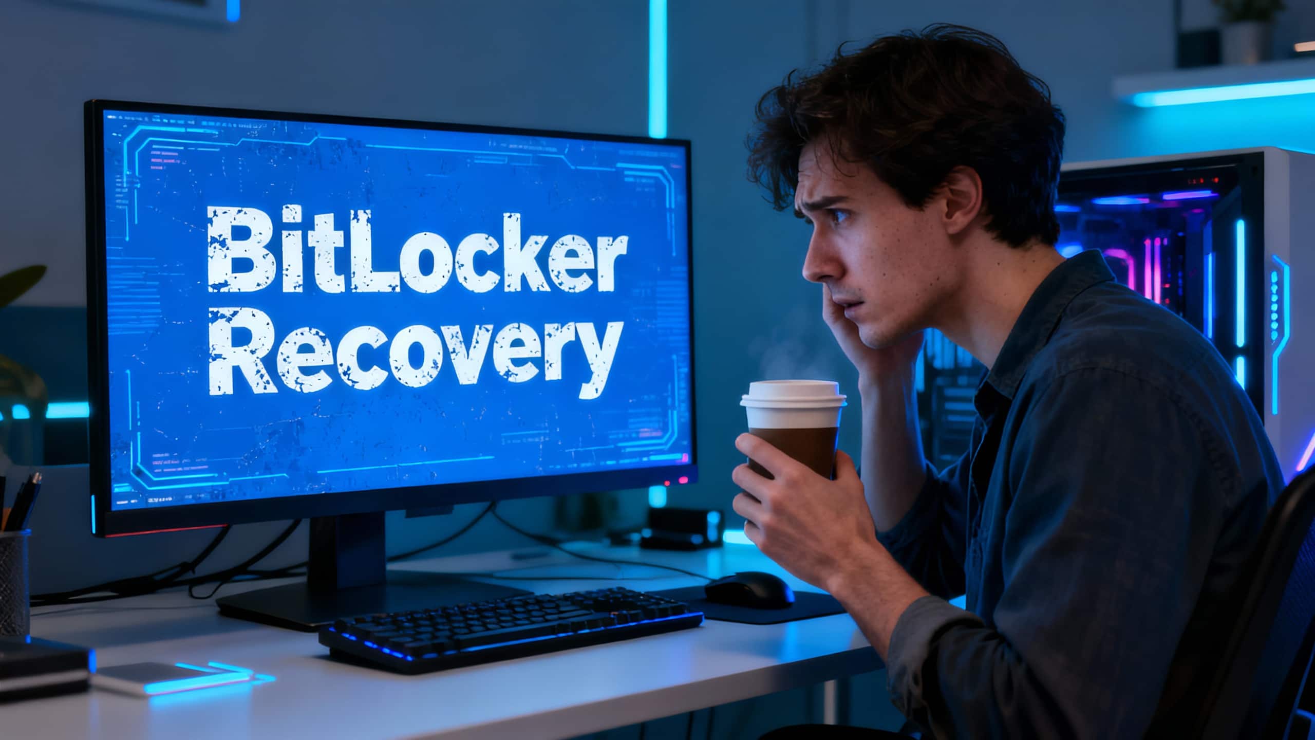 Homme devant écran BitLocker Recovery, café à la main.