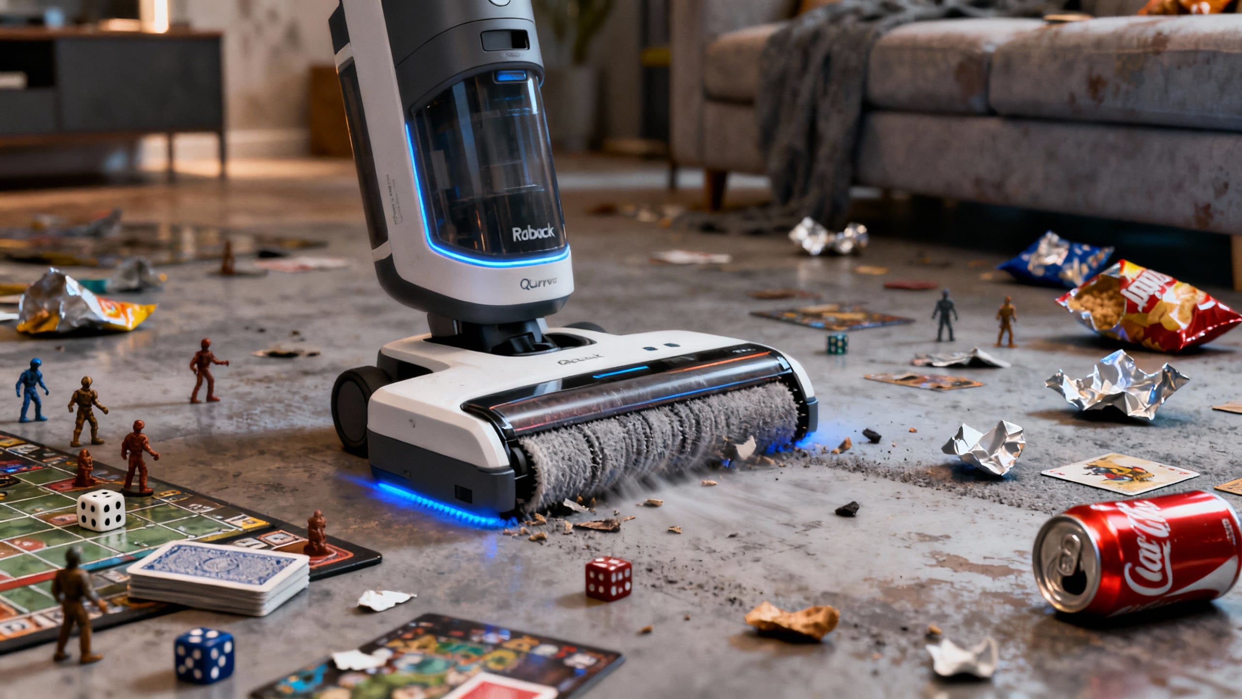 Aspirateur nettoie un sol encombré de jouets et déchets.