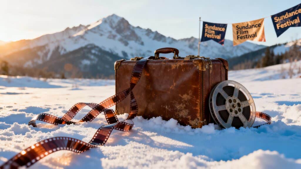 Valise et film dans la neige, festival cinématographique.