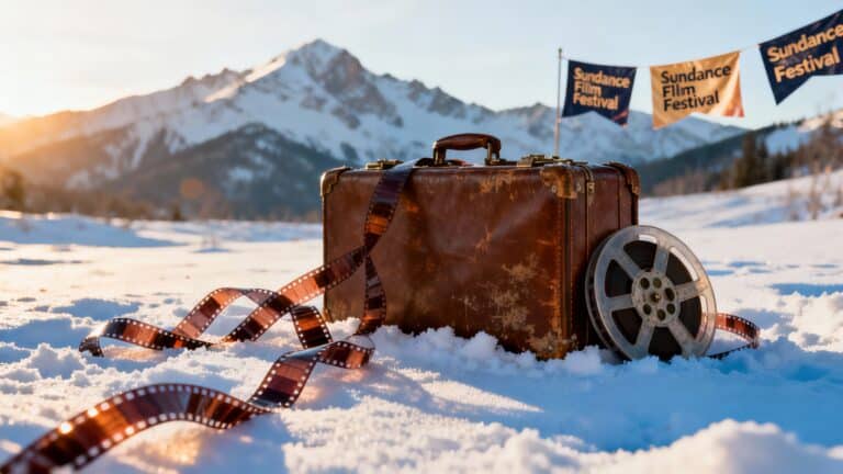 Valise et film dans la neige, festival cinématographique.