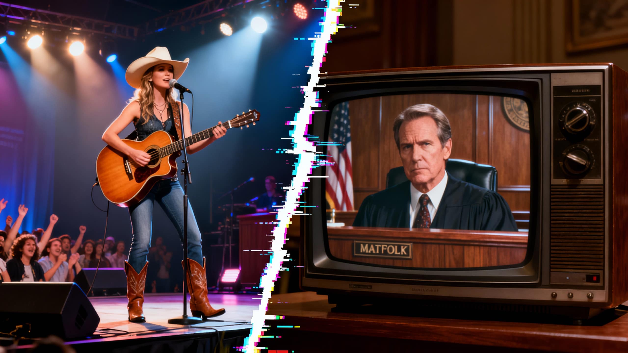 Chanteuse country; juge sur écran TV.