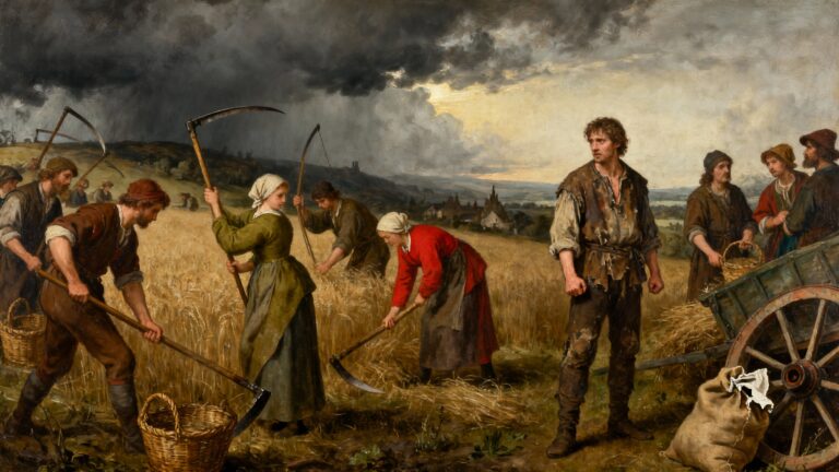 Paysans récoltant des céréales sous un ciel orageux.