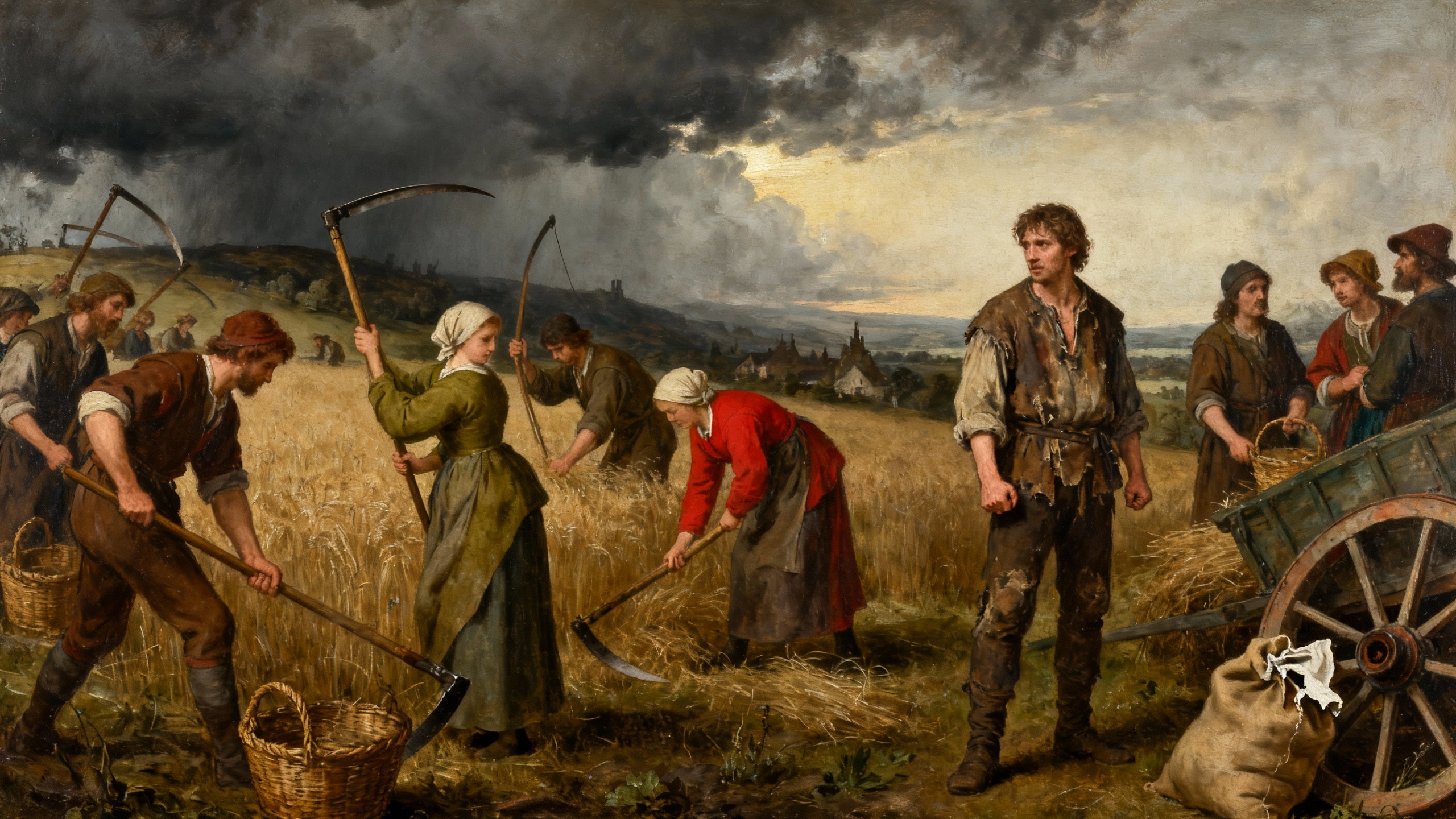 Paysans récoltant des céréales sous un ciel orageux.