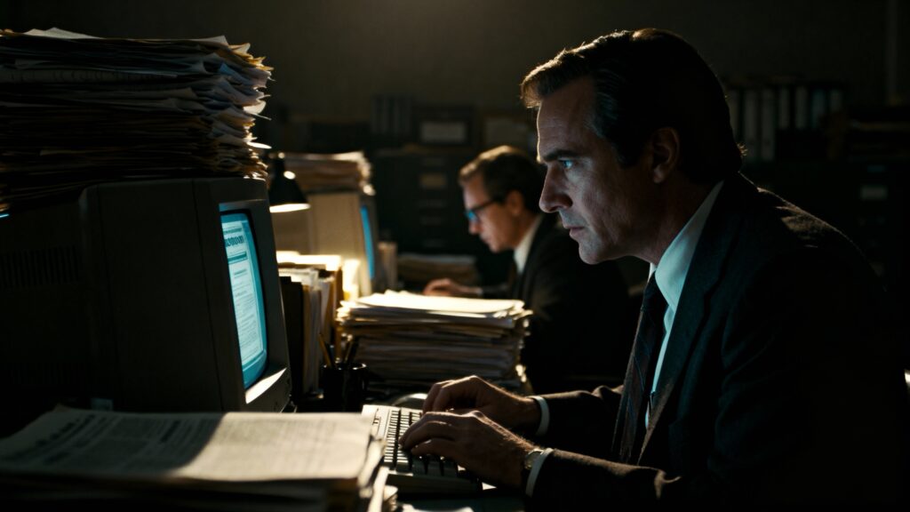 Homme travaillant sur ordinateur dans bureau sombre.
