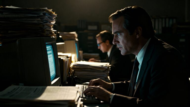 Homme travaillant sur ordinateur dans bureau sombre.