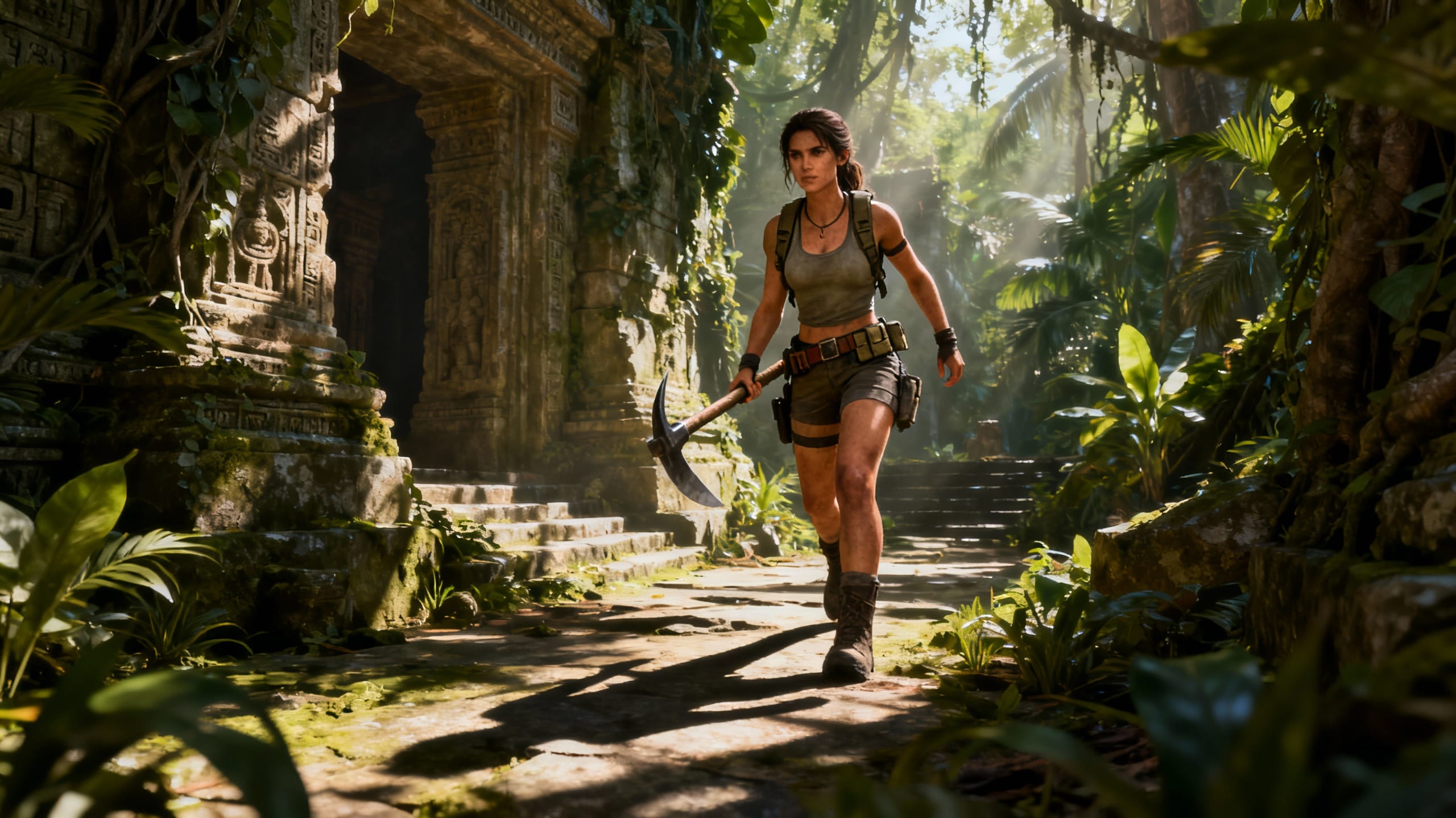 Exploratrice dans la jungle près d'un temple ancien.