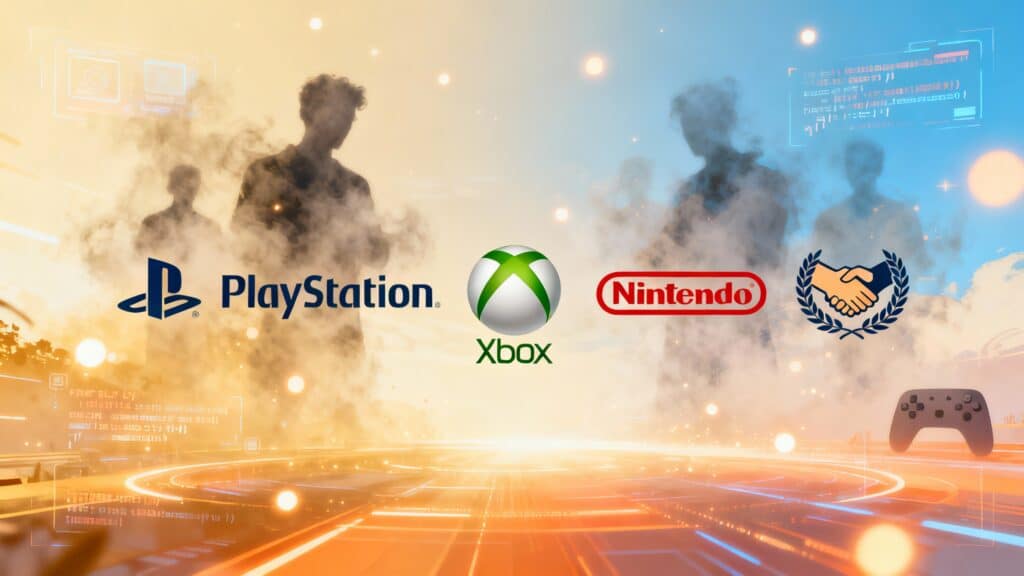 Logos PlayStation, Xbox, Nintendo sur fond futuriste.