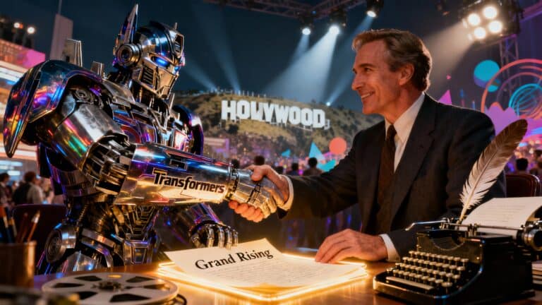Robot serrant la main d'un homme, ambiance Hollywood.