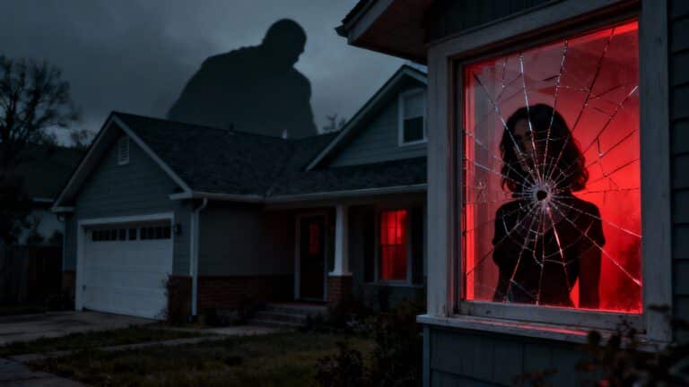 Ombre géante, femme derrière vitre cassée.