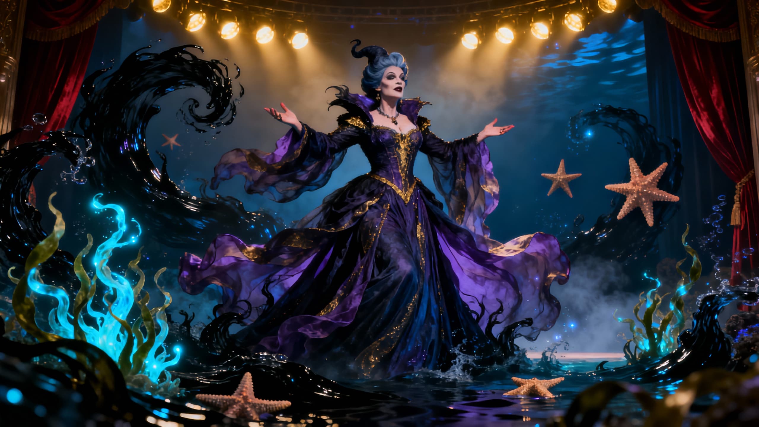 Femme en scène, robe violette, décor aquatique.
