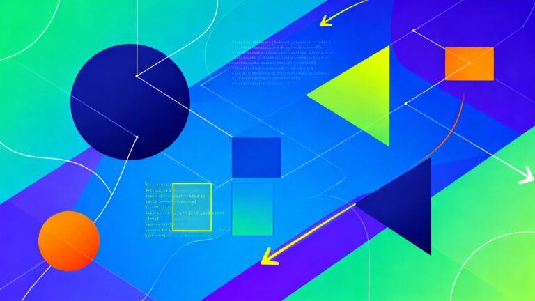 Illustration colorée avec formes géométriques et flèches jaunes.