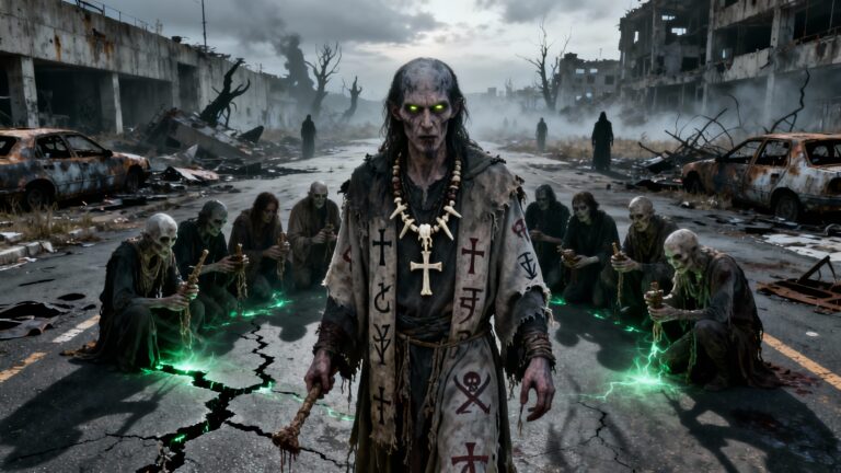 Groupe de zombies dans un décor post-apocalyptique.