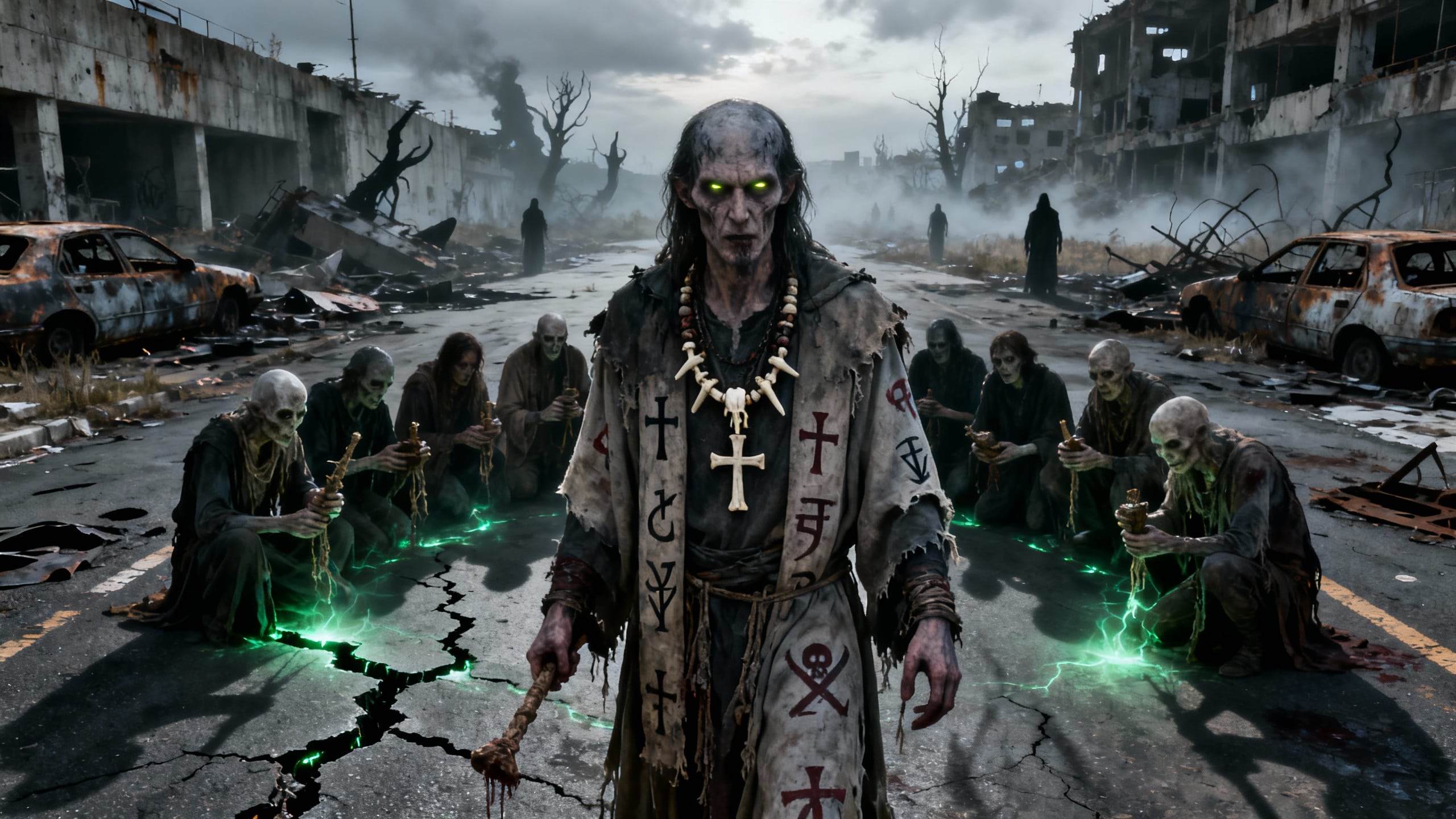 Groupe de zombies dans un décor post-apocalyptique.