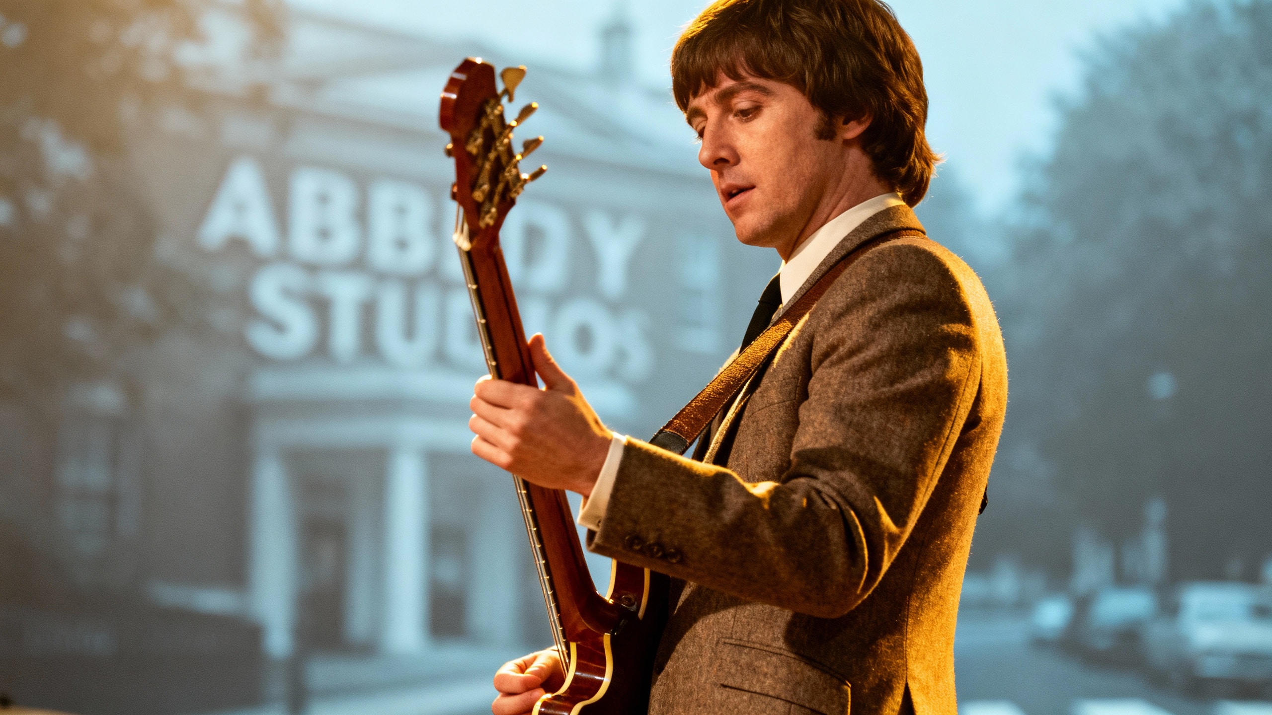 Guitariste jouant devant Abby Studios.