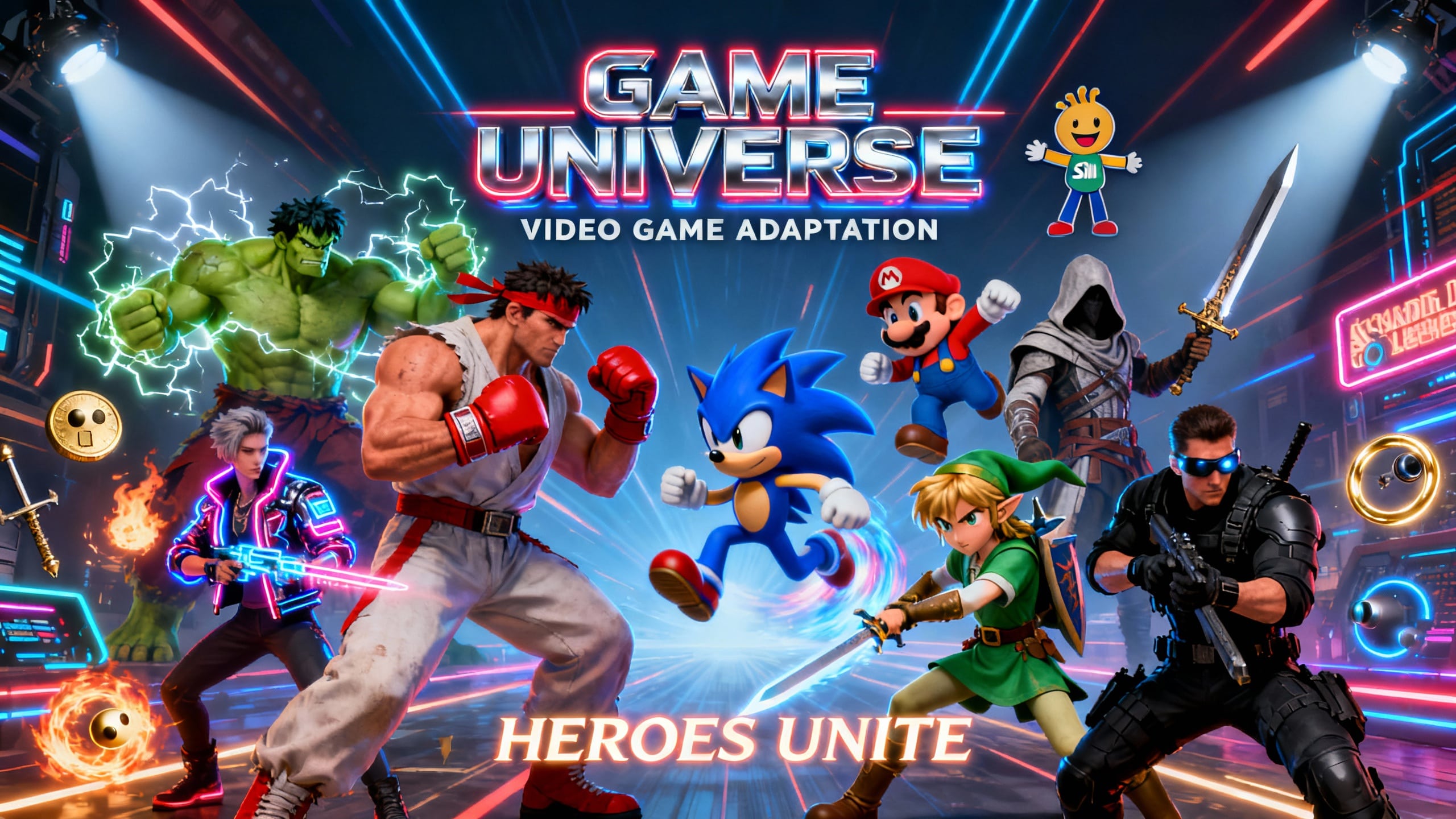 Personnages de jeux vidéo réunis en action.