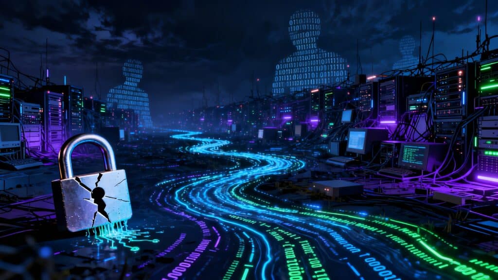 Sécurité informatique, cadenas brisé et données numériques.