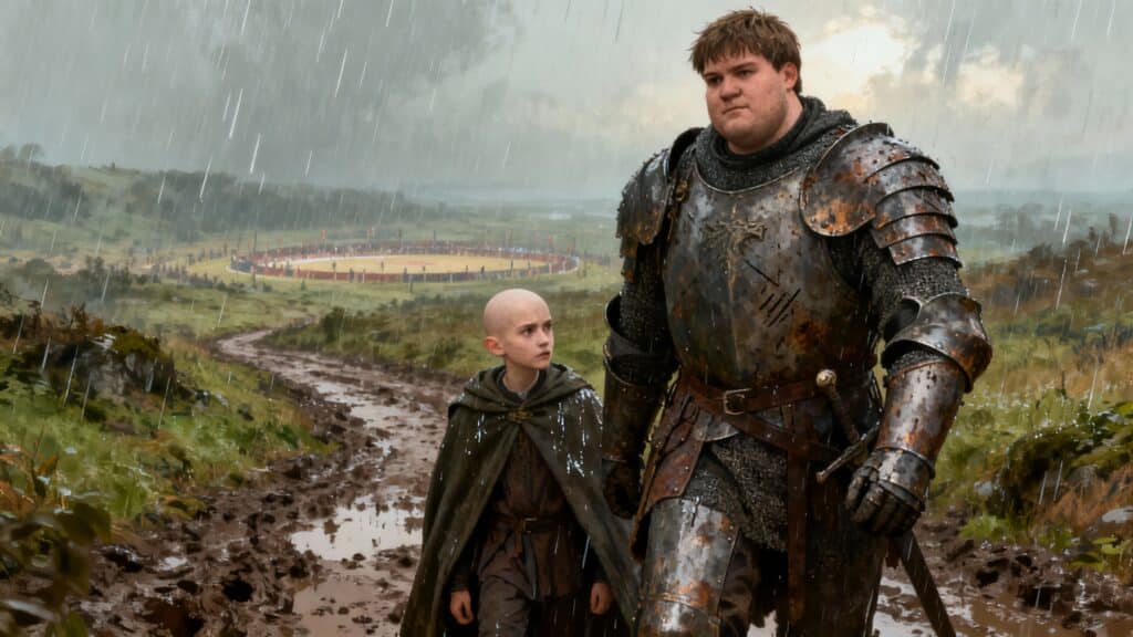 Deux personnes marchent sous la pluie, paysage médiéval.