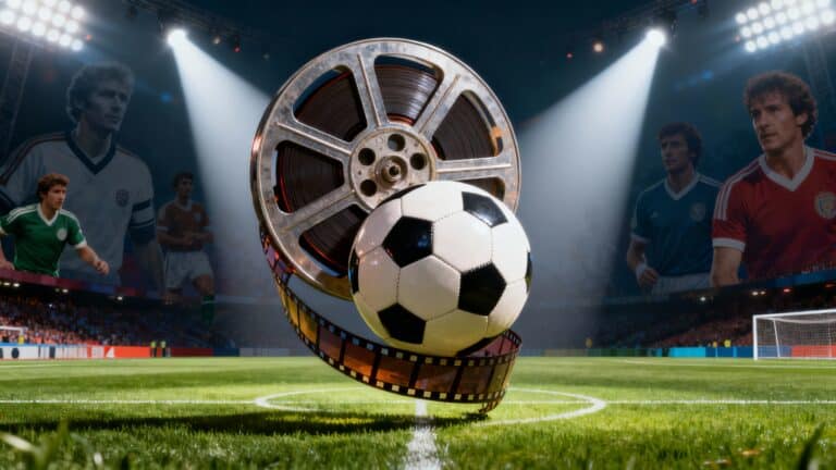 Ballon de football et bobine de film sur terrain
