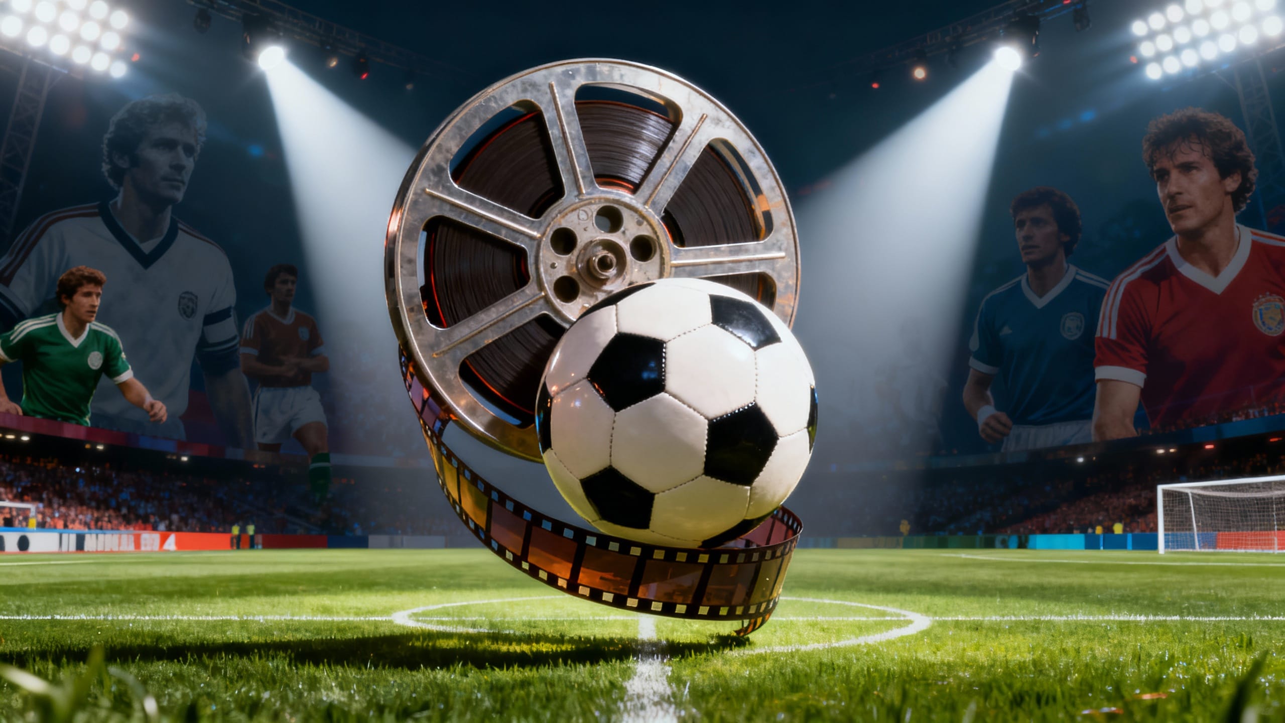 Ballon de football et bobine de film sur terrain