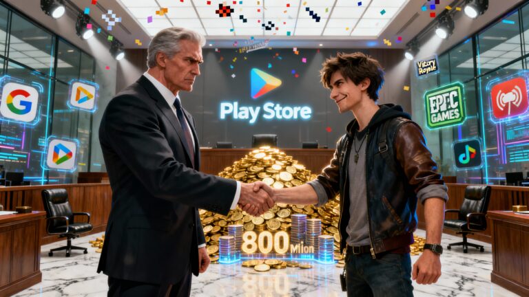 Deux hommes se serrent la main devant Play Store.