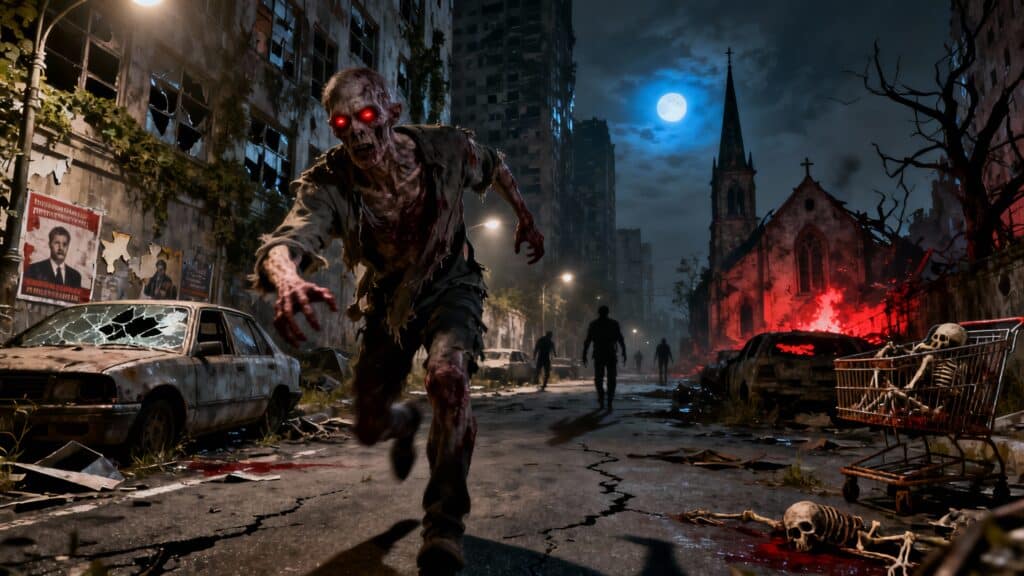 Zombie courant dans une rue apocalyptique.