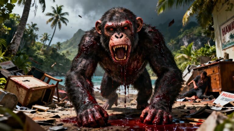 Singé énervé dans jungle détruite, traces de sang visibles.