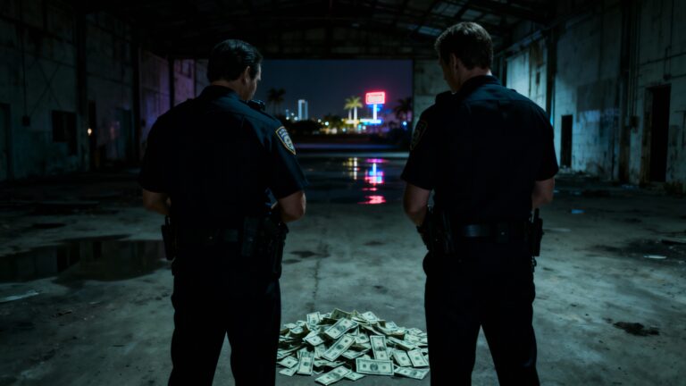 Deux policiers face à des liasses de billets.