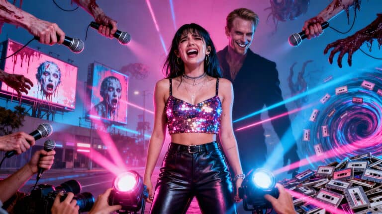 Femme souriante entourée de lumières et microphones.