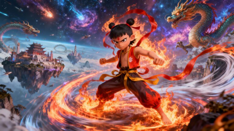 Garçon animé avec dragon et flammes magique.