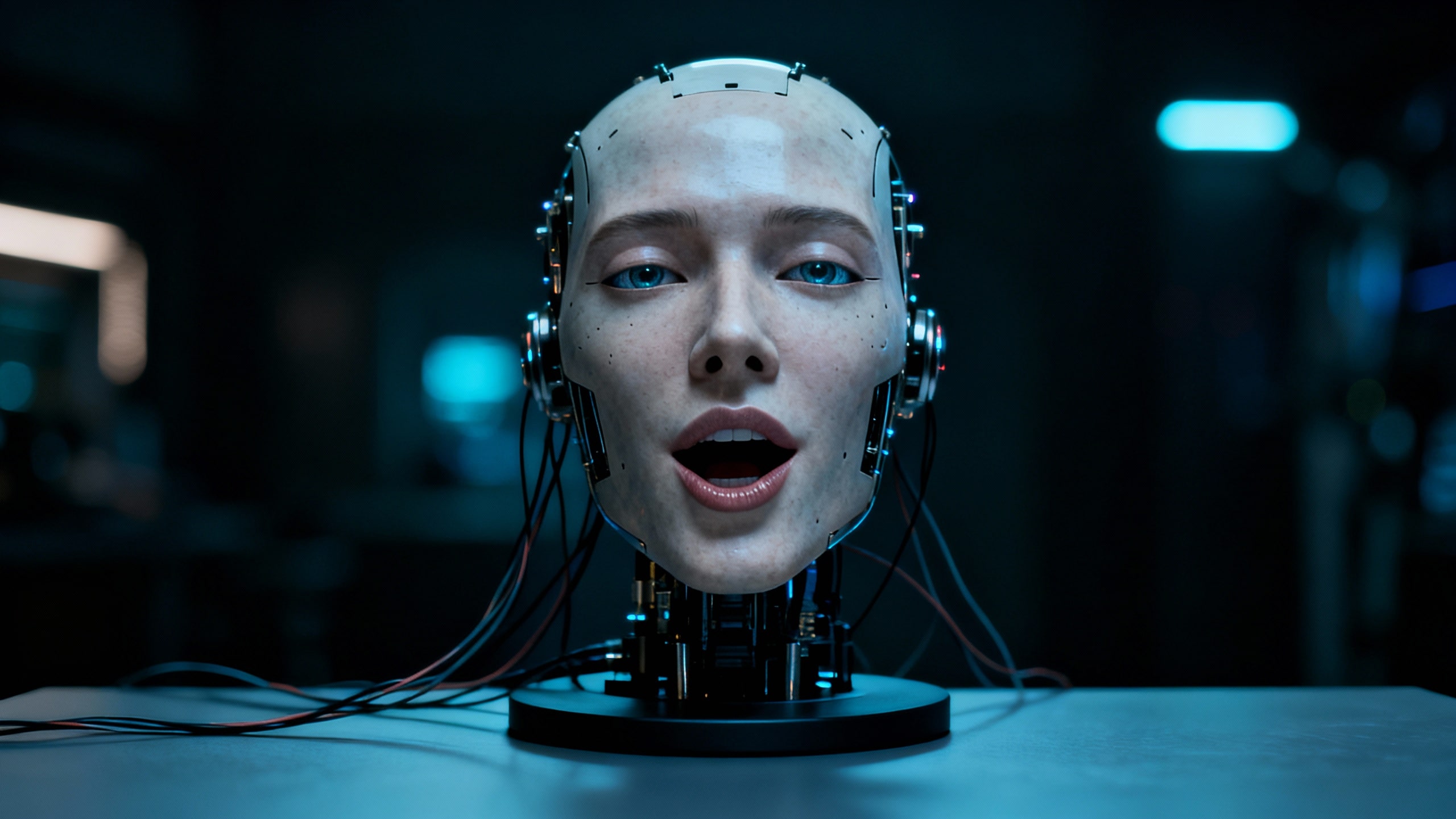 Tête de robot humanoïde futuriste câblée.