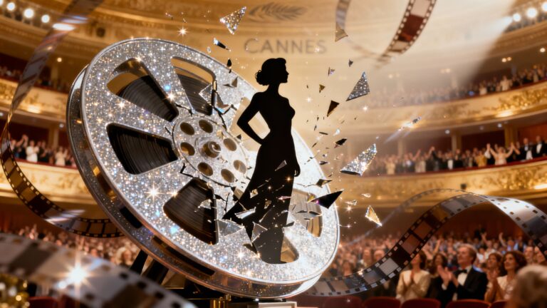 Bobine de film avec silhouette devant public.