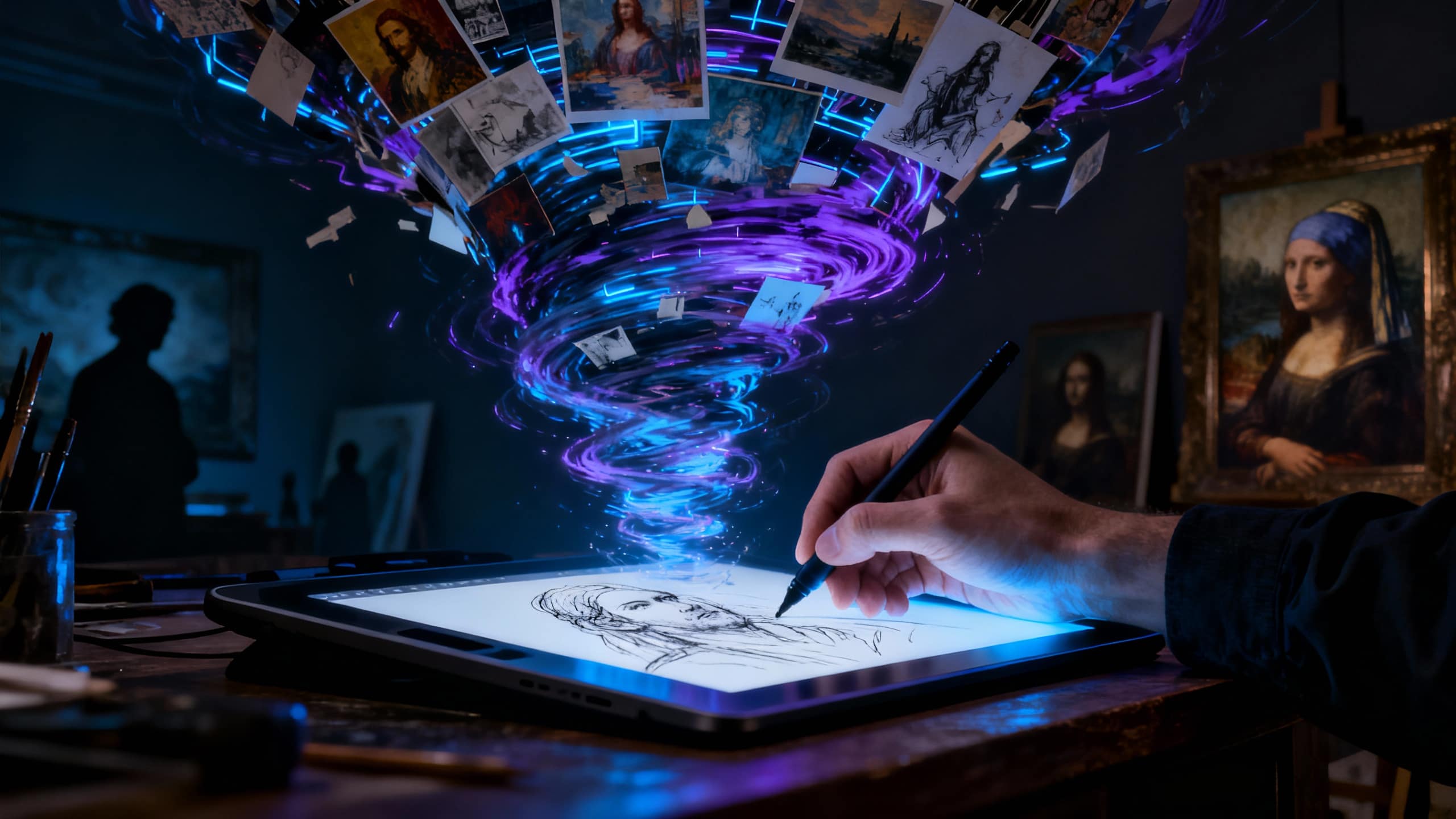 Dessin numérique avec tourbillon d'images d'art classique.