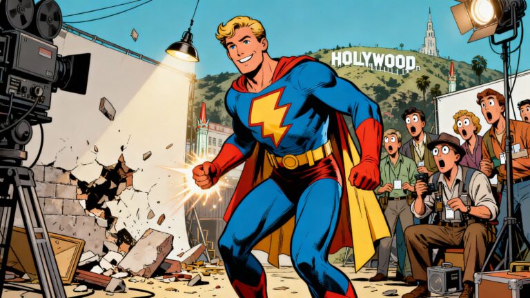 Super-héros souriant devant mur détruit, public étonné.