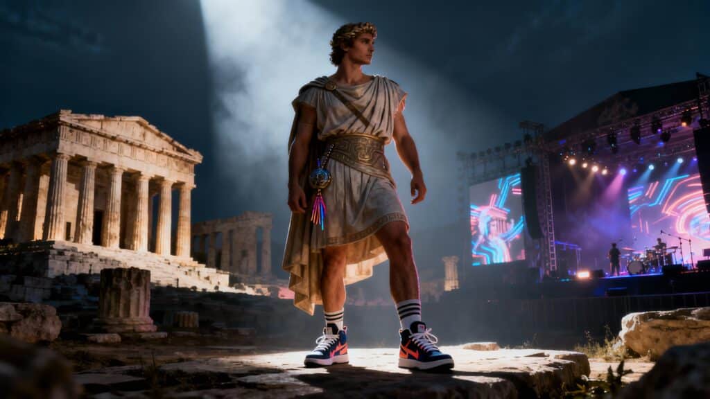 Homme en toge et baskets devant un temple gréco-romain.