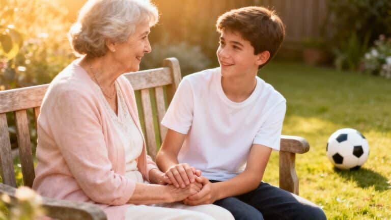 Grand-mère et petit-fils souriants sur un banc.