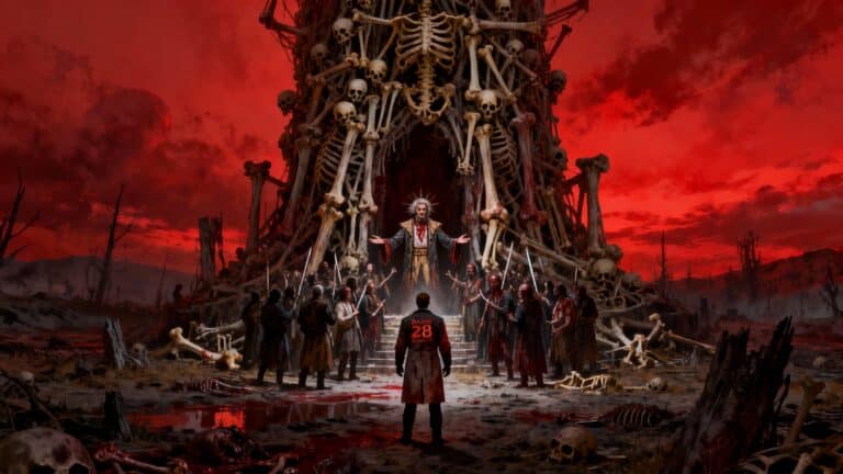 Culte apocalyptique devant un autel d'ossements sous ciel rouge.