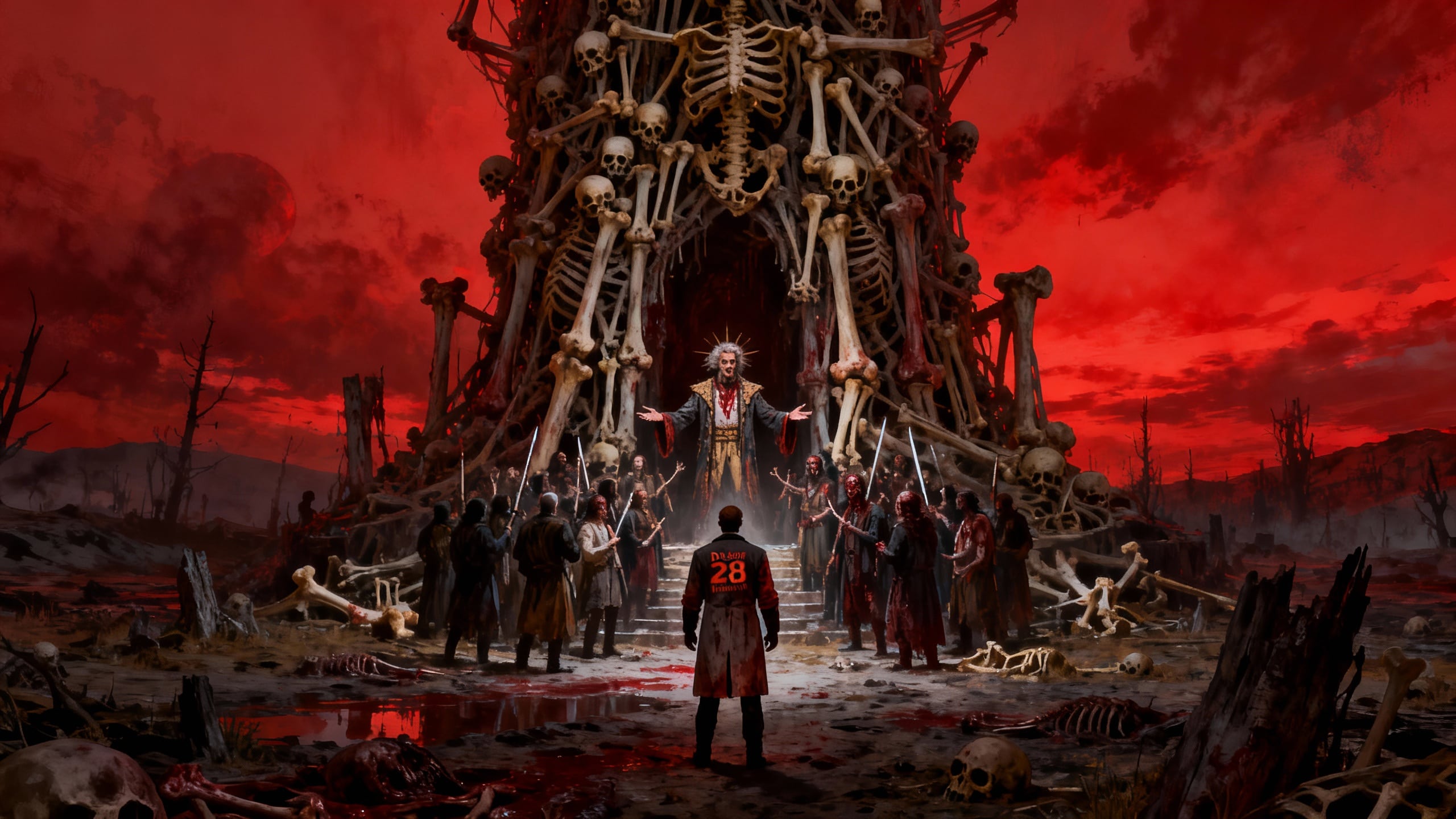 Culte apocalyptique devant un autel d'ossements sous ciel rouge.