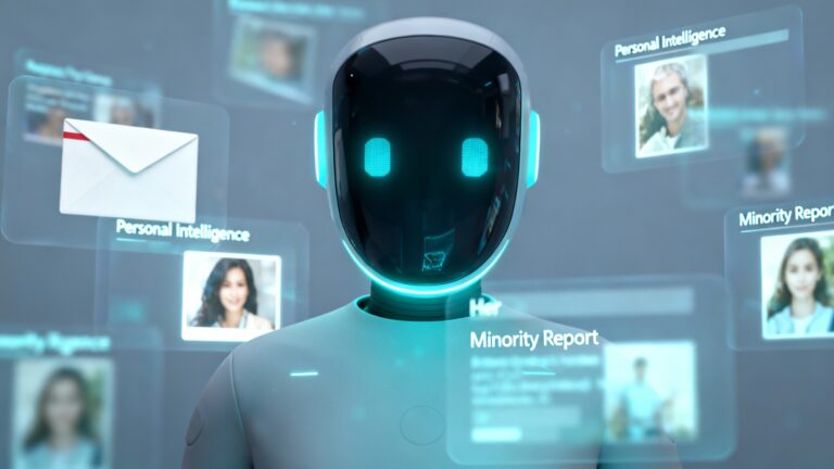 Robot moderne avec hologrammes et rapport numérique.