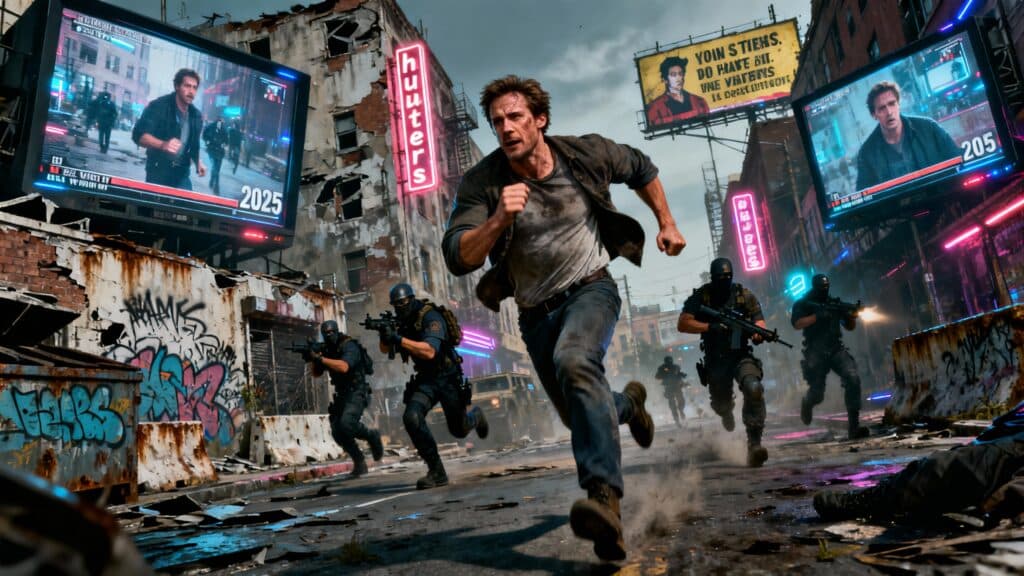 Homme poursuivi dans rue post-apocalyptique.