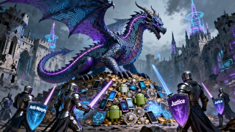 Dragon cybernétique protège trésor technologique, chevaliers s'approchent.