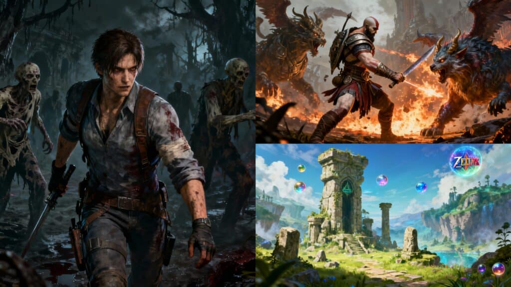 Jeux vidéo, scènes de combat et paysage fantastique.