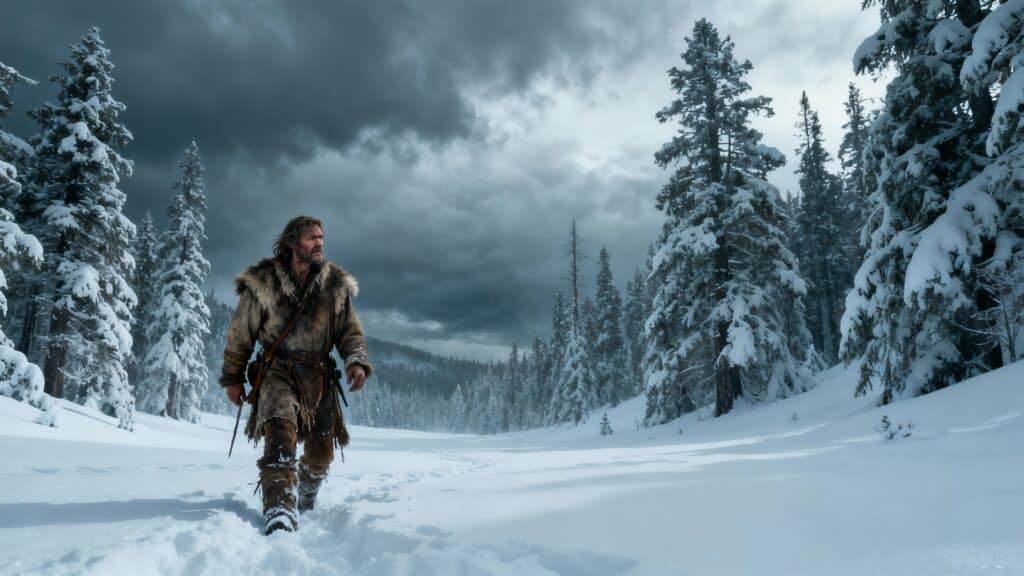 Homme en fourrure marchant dans la neige, forêt enneigée.