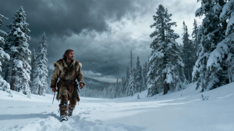 Homme en fourrure marchant dans la neige, forêt enneigée.