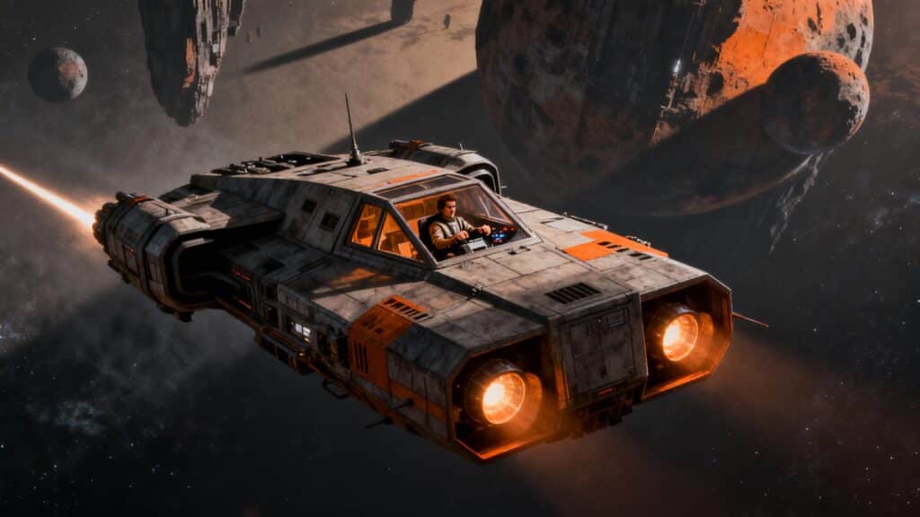 Vaisseau spatial volant devant des planètes dans l'espace.