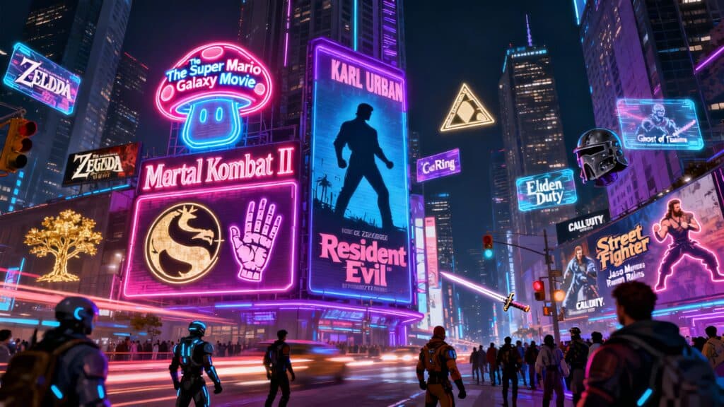 Panneaux lumineux de jeux vidéos en ville futuriste.