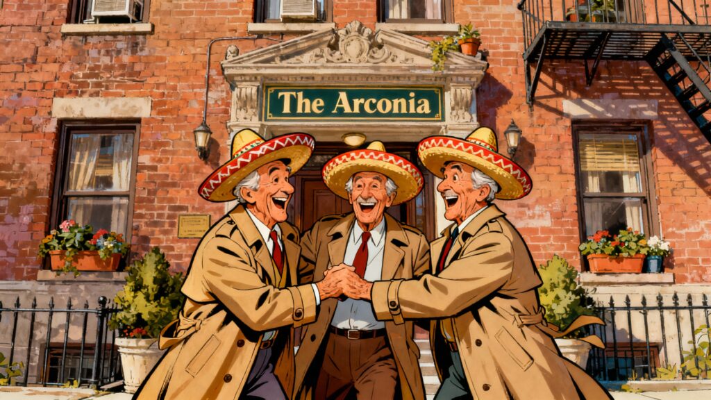 Trois hommes souriants devant l'Arconia.