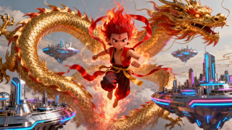 Enfant volant avec dragon doré, futuriste et coloré.