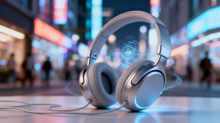 Casque audio argenté lumineux en ville de nuit.