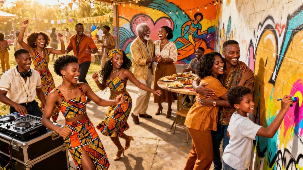 Fête en plein air avec danse et graffiti.